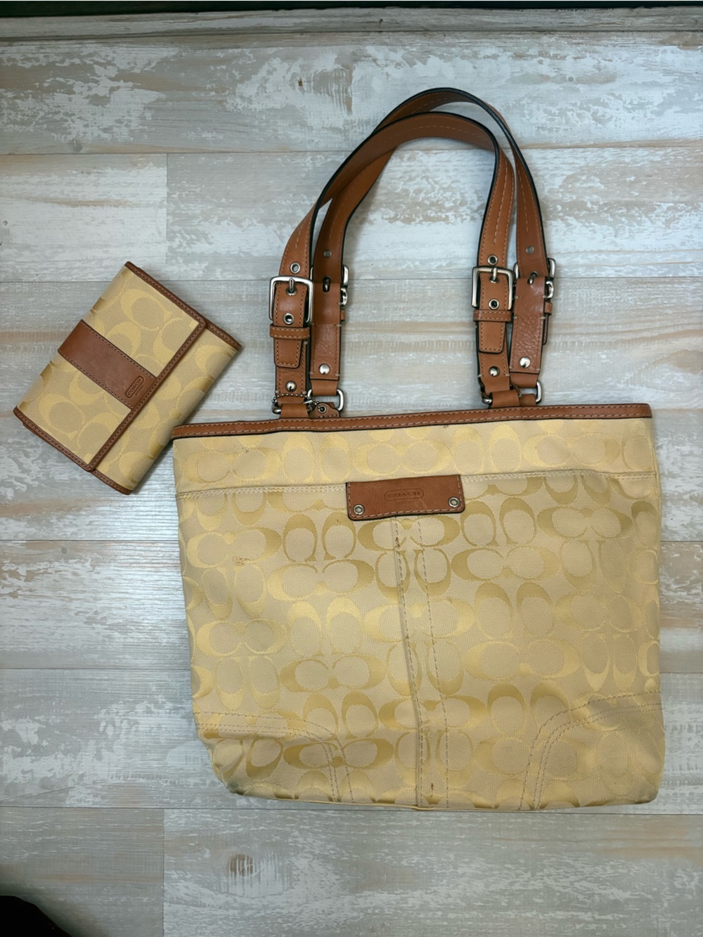 Coach Tan Signature Canvas Tote with Matching Wallet